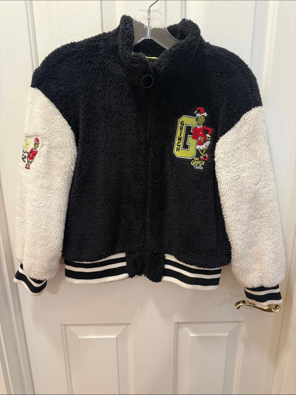 The Grinch Justice Black & White Varsity Style Jacket with Grinch Patch